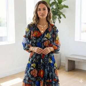 Kobi Halperin floral boho flowy tiered long sleeve midi dress - Small NWOT